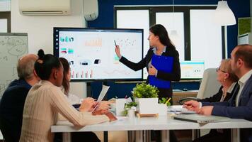 Female project manager holding financial meeting showing statistical graphs and charts on interactive whiteboard touchscreen device. Executive director working in broadroom of creative agency. video