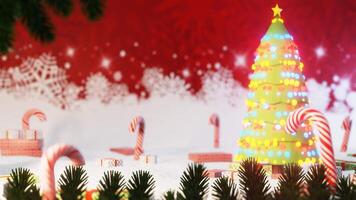 Animated christmas greeting card with funny snowman appearing near tree waving and jumping, lollipop, gift boxes and lights. 3D render animation, motion decoration, rendering xmas banner video