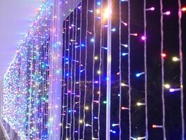 A close up photo of colorful twinkling lights