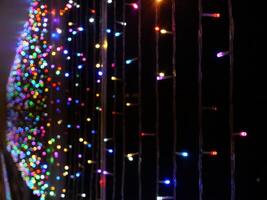 A close up photo of colorful twinkling lights