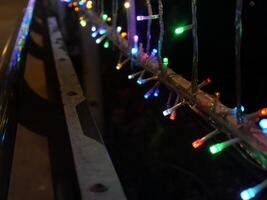 A close up photo of colorful twinkling lights