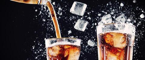 Cola soda and ice splashing fizzing or floating up to top of surface photo