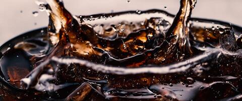 Splashing of Cola and Ice. Cola soda and ice splashing fizzing or floating up to top of surface. Close up of ice in cola water. Texture of carbonate drink with bubbles in glass. Cold drink background photo