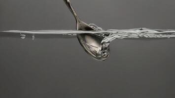 Stirring drinks by bar spoon. Underwater of silver metal bar spoon stir clear alcoholic drinks such as Vodka Gin or Tequila close up shot. Bartender spoon under clear water against grey background. photo
