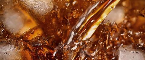 Cola soda and ice splashing fizzing or floating up to top of surface photo