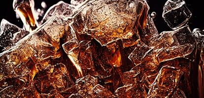 Cola with Ice. Close up of the ice cubes in cola water. Texture of carbonate drink with bubbles in glass. Cola soda and ice splashing fizzing or floating up to top of surface. Cold drink background. photo