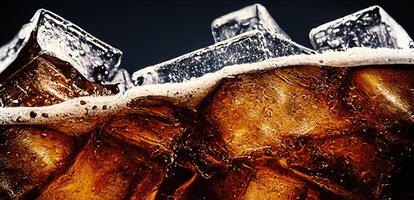 Cola with Ice. Close up of the ice cubes in cola water. Texture of carbonate drink with bubbles in glass. Cola soda and ice splashing fizzing or floating up to top of surface. Cold drink background. photo