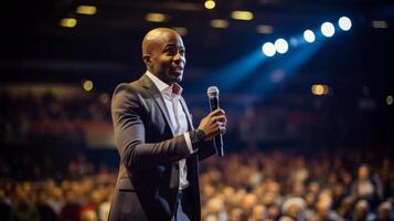 A business leader giving a motivational speech at a conference, representing leadership and influence in the professional lifestyle photo