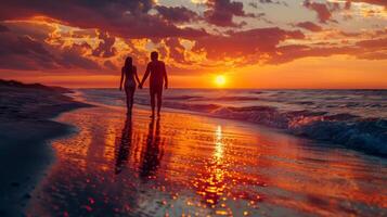 A couple walking hand in hand along the shore during a vibrant sunset photo