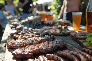 A backyard barbecue party with friends, featuring grilled steaks, sausages, and cold beverages photo