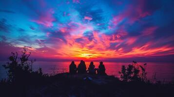 A group of friends enjoying a sunset concert, with the stage silhouetted against the colorful sky photo