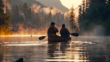 A couple paddling a canoe on a serene lake with mist rising from the water photo