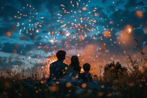 A family sitting on a blanket, watching fireworks light up the night sky on the Fourth of July photo