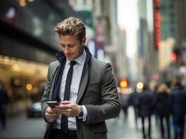A business executive commuting on a bustling city street, using a smartphone, epitomizing the fastpaced lifestyle of modern professionals photo