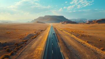 A long, winding road through the desert with a solitary car driving into the horizon photo