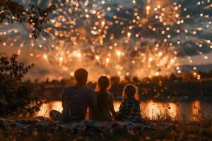 A family sitting on a blanket, watching fireworks light up the night sky on the Fourth of July photo