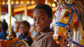 Children eagerly lining up for a carousel ride, with brightly painted horses photo