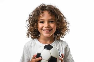 Happy child playing with a soccer ball, standing on a simple white background with plenty of empty space, great for sports and activity themes photo