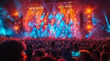 A large crowd enjoying a live concert at an outdoor music festival, with colorful lights and a big stage photo