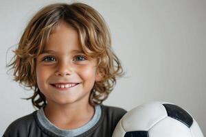 Happy child playing with a soccer ball, standing on a simple white background with plenty of empty space, great for sports and activity themes photo