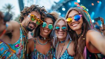 A group of friends wearing festival outfits, taking a selfie with the stage in the background photo