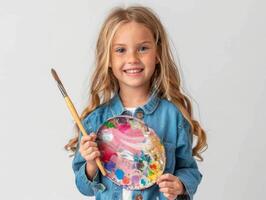 Cheerful little girl holding a paintbrush and palette, standing against a white background with empty space, perfect for art and creativity concepts photo