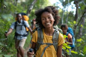 A family hiking on a wellmarked trail with backpacks and walking sticks photo