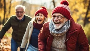 grupo de personas mayores riendo juntos a un bolos callejón, demostración el social y activo aspectos de moderno mayor estilos de vida foto