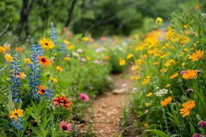 A trail winding through a colorful meadow filled with wildflowers and butterflies photo