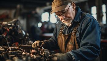 Senior man working on a vintage car in his garage, highlighting hobbies and passion projects during retirement photo