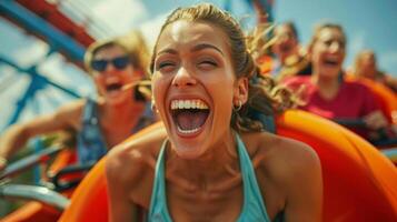 Friends screaming with joy while riding a highspeed roller coaster photo