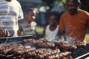 A family gathered around a barbecue grill in a backyard, cooking burgers and hotdogs photo