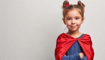 Happy little girl wearing a superhero cape, posing confidently against a plain white background, with space for text, great for empowerment and imagination themes photo
