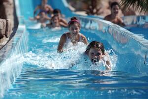 Friends sliding down a tall, winding water slide, laughing and splashing photo
