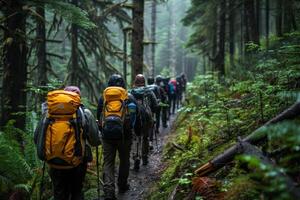 A group of hikers trekking through a dense forest with tall trees and a narrow trail photo