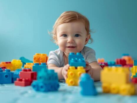 alegre niñito jugando con edificio bloques en un limpiar estudio fondo, con brillante colores y mucho de vacío espacio, ideal para temprano infancia educación conceptos foto