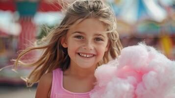 A child holding a large cotton candy, smiling with excitement in front of a Ferris wheel photo