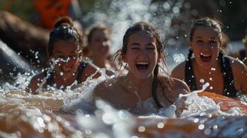 A group of friends enjoying a log flume ride, splashing into the water below photo