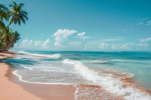 A scenic view of a deserted beach with palm trees and gentle waves photo