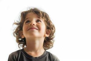 Happy child playing with a soccer ball, standing on a simple white background with plenty of empty space, great for sports and activity themes photo