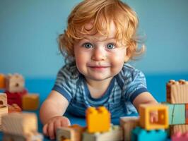 Cheerful toddler playing with building blocks on a clean studio backdrop, with bright colors and plenty of empty space, ideal for early childhood education concepts photo