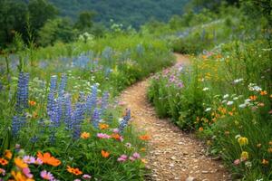 A trail winding through a colorful meadow filled with wildflowers and butterflies photo