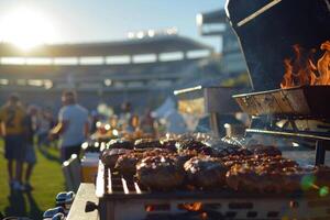A tailgate barbecue party outside a sports stadium, with fans grilling and enjoying food before the game photo