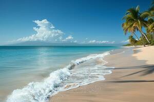A scenic view of a deserted beach with palm trees and gentle waves photo