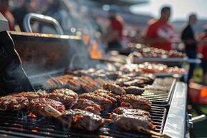 A tailgate barbecue party outside a sports stadium, with fans grilling and enjoying food before the game photo