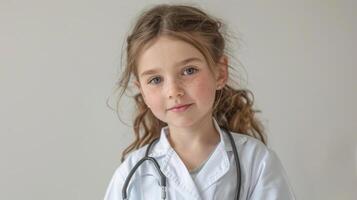 Happy child dressed as a doctor, holding a stethoscope, standing on a clean white background with ample space for text, ideal for healthcare and dreams themes photo
