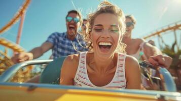 Friends screaming with joy while riding a highspeed roller coaster photo