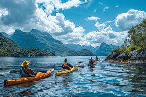 A group of friends in kayaks, exploring the shoreline of a picturesque lake photo