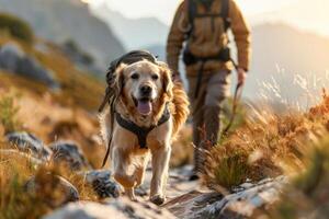 A dog happily hiking alongside its owner on a rugged, mountainous trail photo