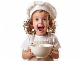 Excited child wearing a chef hat, holding a mixing bowl and spoon, against a white background with space for text, ideal for cooking and creativity themes photo